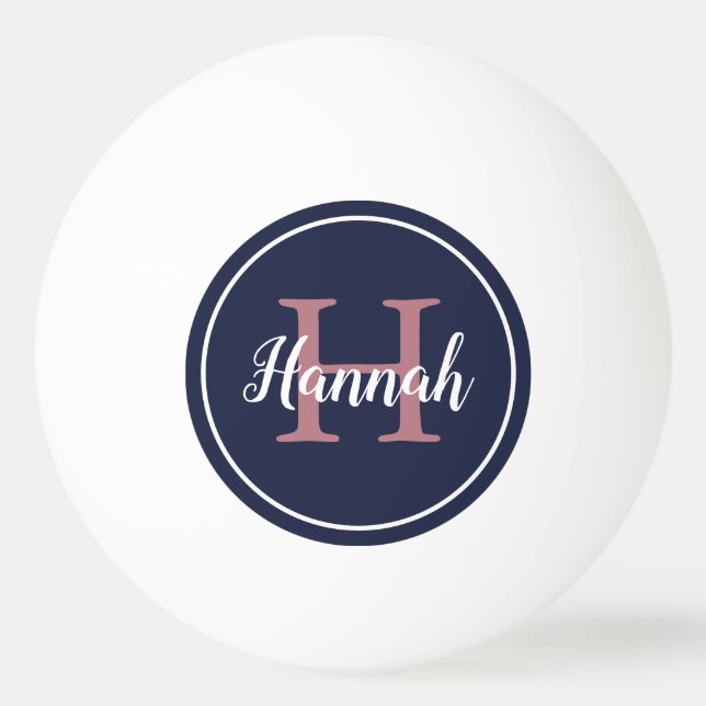 Minimalist Blue and Pink Script Monogram Name Ping Pong Ball (Front)
