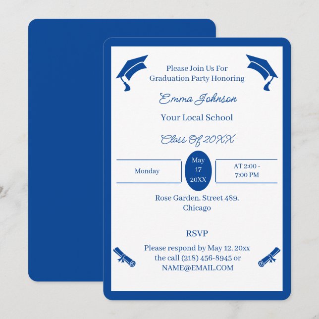 Minimalist Blue And White Custom Graduation Invitation (Front/Back)