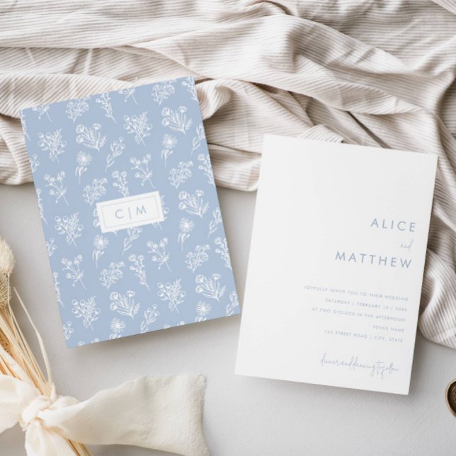 Minimalist Blue and White Floral Pattern Wedding Invitation (Creator Uploaded)