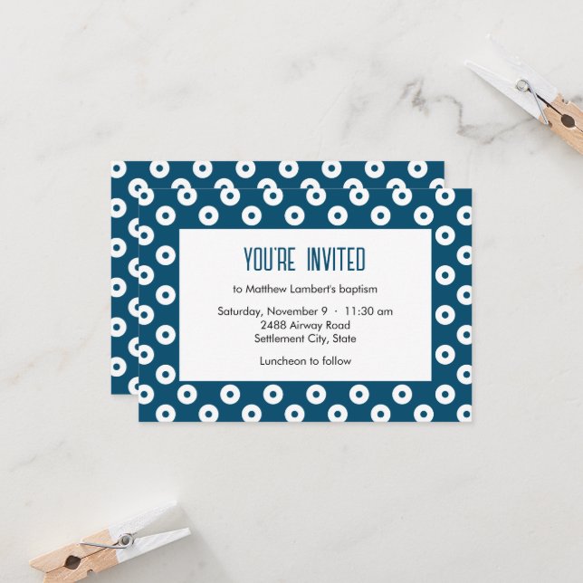 Minimalist Blue and White Polka-Dot Baptism Invitation (Front/Back In Situ)