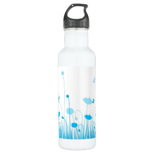 Minimalist Blue and White Poppies Meadow Floral 710 Ml Water Bottle