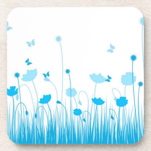 Minimalist Blue and White Poppies Meadow Floral Coaster