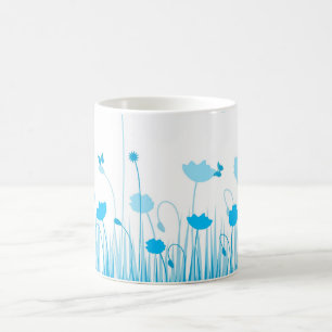 Minimalist Blue and White Poppies Meadow Floral Coffee Mug