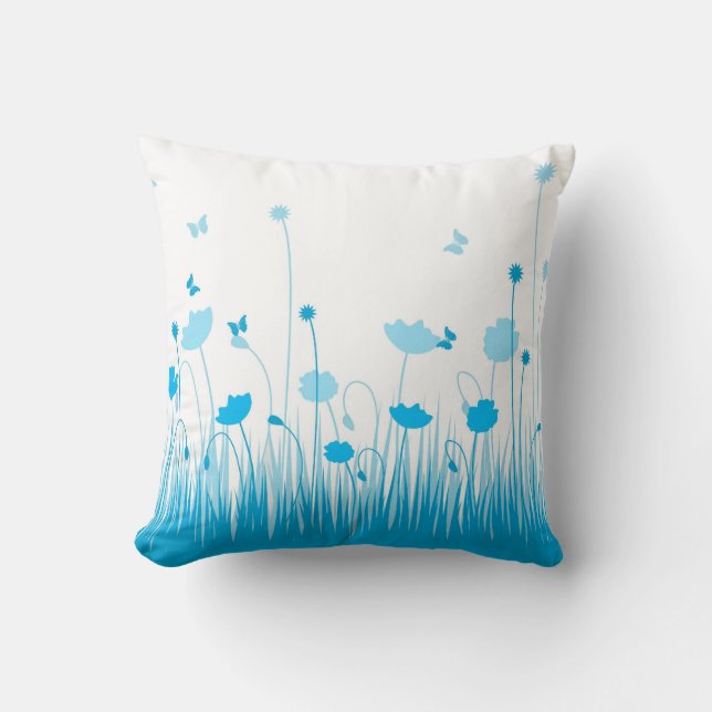Minimalist Blue and White Poppies Meadow Floral Cushion (Front)