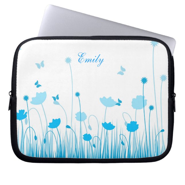 Minimalist Blue and White Poppies Meadow Floral Laptop Sleeve (Front)