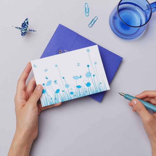 Minimalist Blue and White Poppies Meadow Floral Postcard (Creator Uploaded)