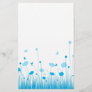 Minimalist Blue and White Poppies Meadow Floral Stationery