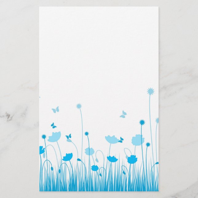 Minimalist Blue and White Poppies Meadow Floral Stationery (Front)