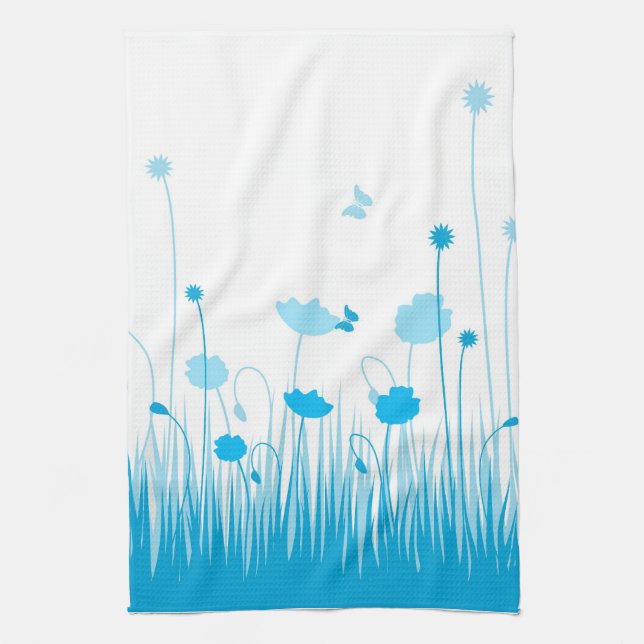 Minimalist Blue and White Poppies Meadow Floral Tea Towel (Vertical)