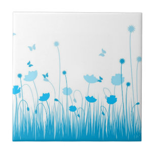 Minimalist Blue and White Poppies Meadow Floral Tile