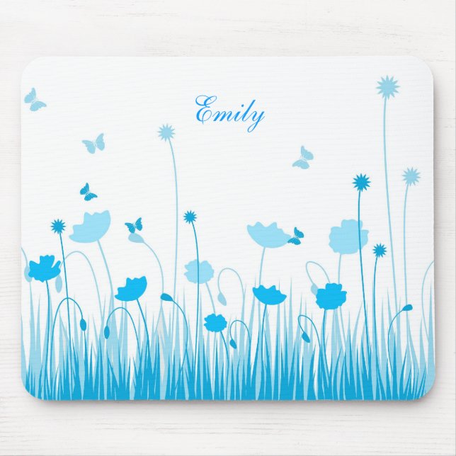 Minimalist Blue and White Poppies Meadow Name Mouse Mat (Front)