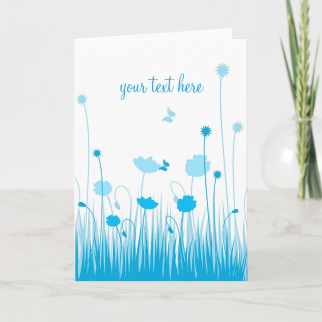 Minimalist Blue and White Poppies Meadow Script Card (Front)