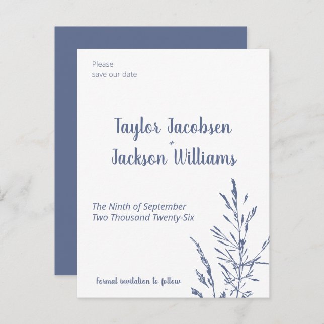 Minimalist Blue and White Wedding Save the Date (Front/Back)