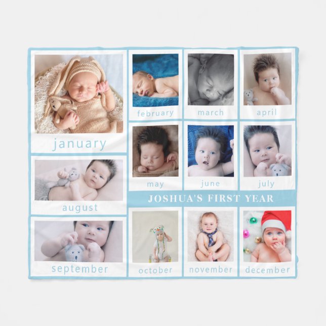 Minimalist Blue Baby's First Year Photos Fleece Blanket (Front (Horizontal))