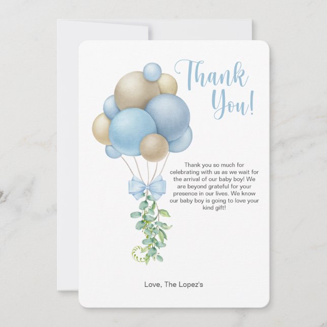 Minimalist Blue Balloon Baby Shower Thank You Card (Front)