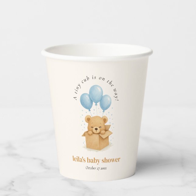 Minimalist Blue Balloon Bear Baby Shower Paper Cups (Front)
