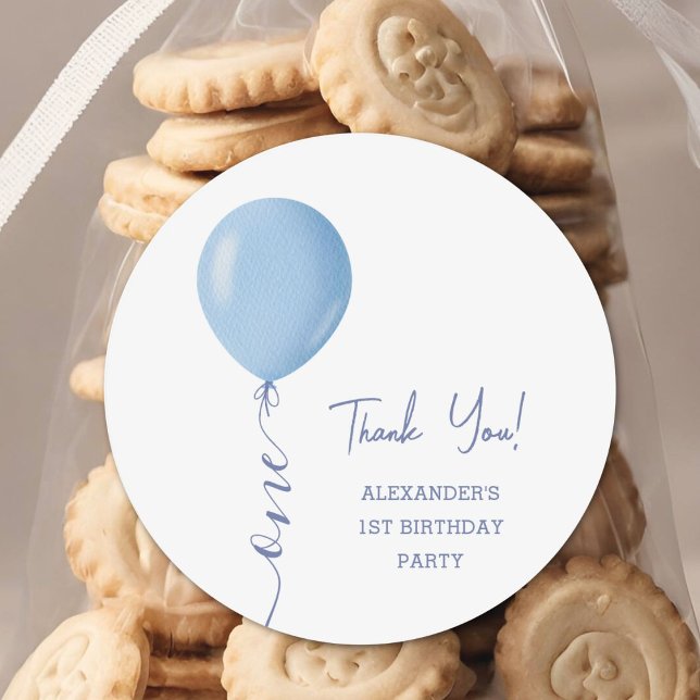 Minimalist Blue Balloon Boy 1st Birthday Party Classic Round Sticker (Creator Uploaded)