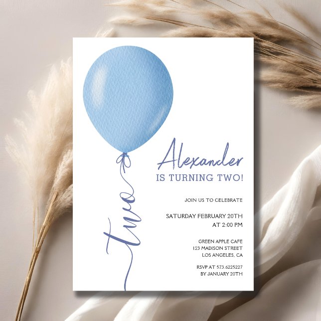Minimalist Blue Balloon Boy 2nd Birthday Invitation (Creator Uploaded)