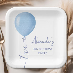 Minimalist Blue Balloon Boy 2nd Birthday Paper Plate