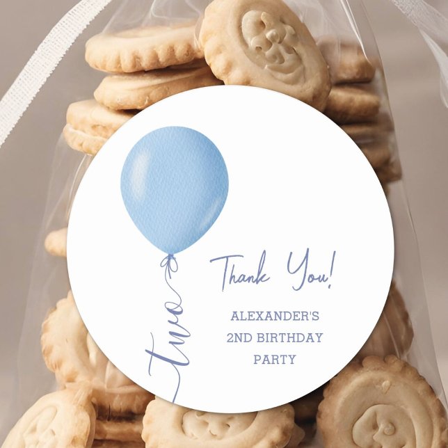 Minimalist Blue Balloon Boy 2nd Birthday Party Classic Round Sticker (Creator Uploaded)