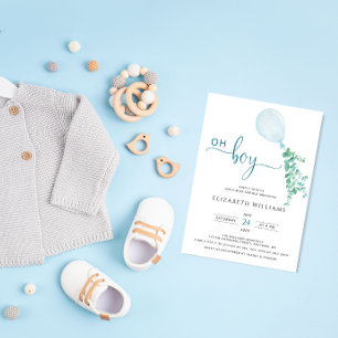Minimalist Blue Balloon Eucalyptus Boy Baby Shower Invitation