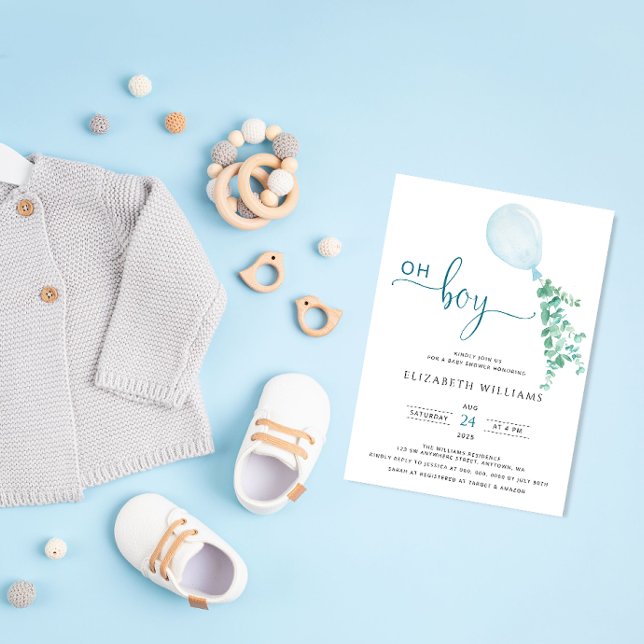Minimalist Blue Balloon Eucalyptus Boy Baby Shower Invitation (Creator Uploaded)