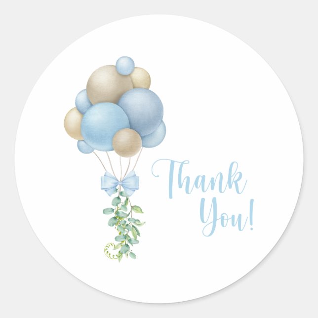 Minimalist Blue Balloons Boy Baby Shower Classic Round Sticker (Front)