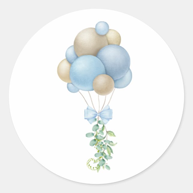 Minimalist Blue Balloons Boy Baby Shower Classic Round Sticker (Front)