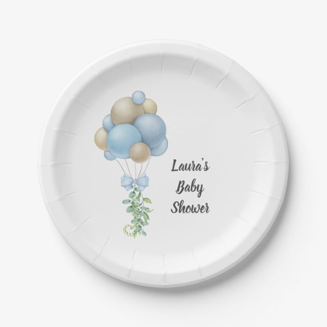 Minimalist Blue Balloons Boy Baby Shower Paper Plate (Front)
