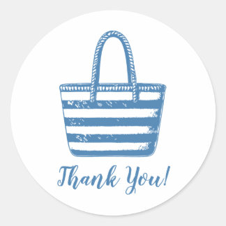 Minimalist Blue Beach Bag Coastal Thank You Classic Round Sticker