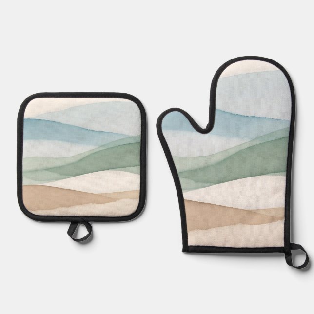 Minimalist Blue Beige Landscape Oven Mitt & Pot Holder Set (Front)