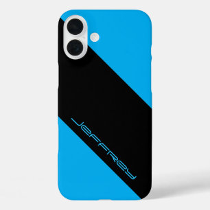 Minimalist Blue/Black Stripe Personalise Name iPhone 16 Plus Case