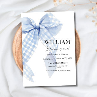 Minimalist Blue Bow First Birthday Party for Boys Invitation