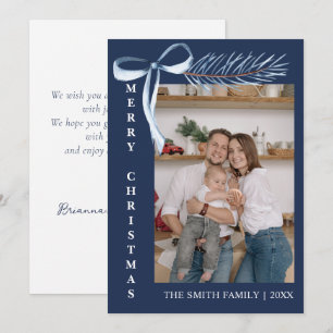 Minimalist Blue Bow Pine Branch Photo Family Holiday Card