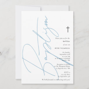 Minimalist Blue Boy Script Baptism Christening Invitation