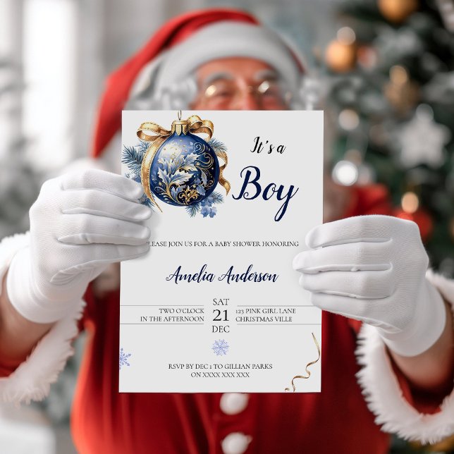 Minimalist Blue Christmas Ornament Baby Shower Invitation (Creator Uploaded)