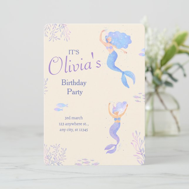 Minimalist Blue & Cream Girl's Mermaid Birthday Invitation (Standing Front)