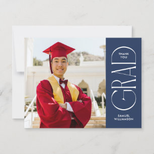 Minimalist Blue Double Sided Photo Graduation Thank You Card