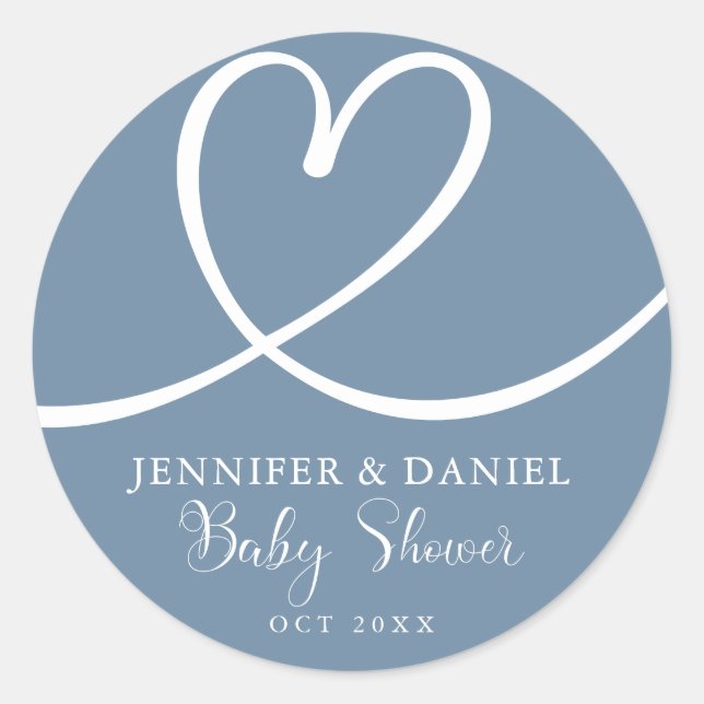 Minimalist Blue  Elegant Heart Baby Shower Classic Round Sticker (Front)