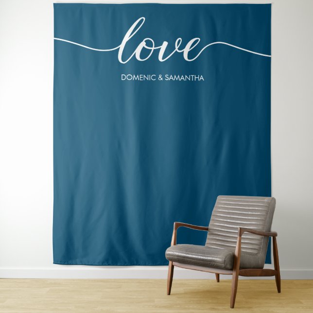 Minimalist Blue Elegant Love Wedding backdrop Tapestry (In Situ)