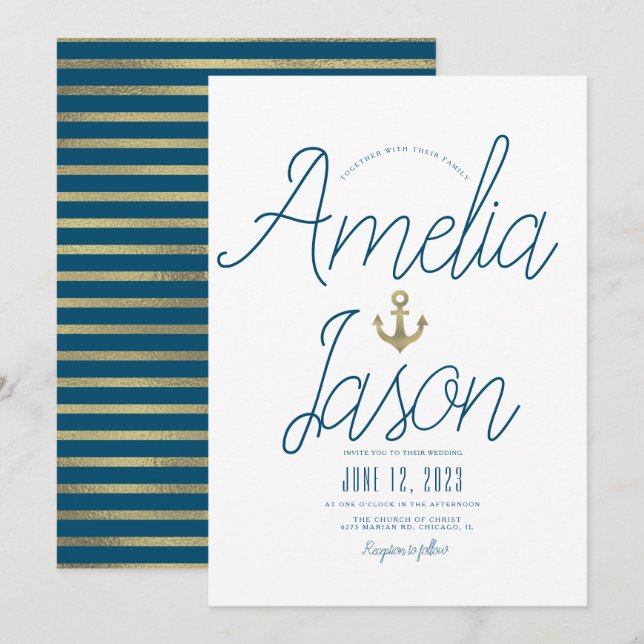 Minimalist Blue  Faux Foil Script Nautical Wedding Invitation (Front/Back)