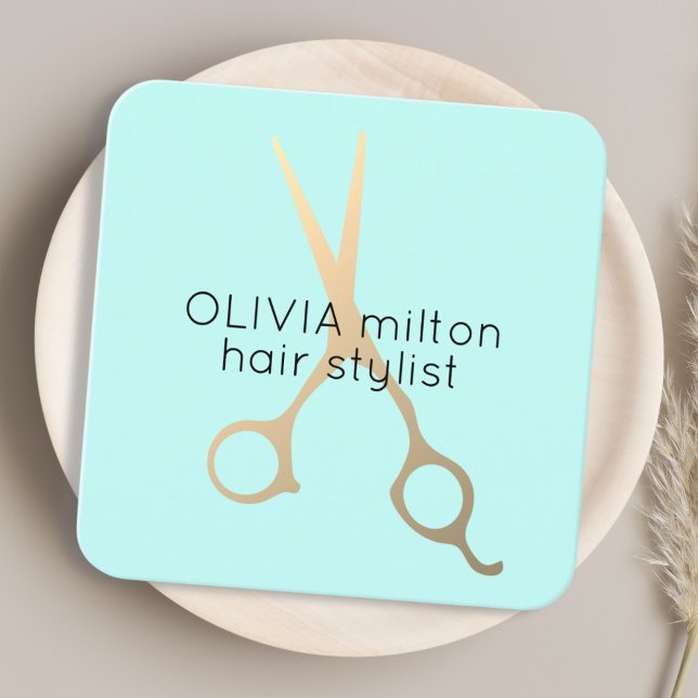 Minimalist Blue Faux Gold Scissors Hair Stylist Square Business Card (Creator Uploaded)