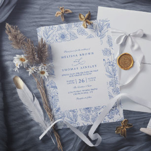 Minimalist Blue Floral Elegant QR Code Wedding Invitation