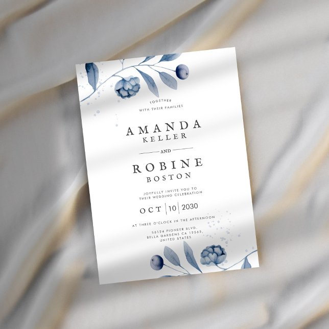 Minimalist Blue Floral Wedding Invitation (Creator Uploaded)