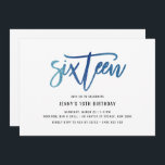 Minimalist Blue Foil 16th Birthday Invitation<br><div class="desc">This 16th birthday party invitation features an eye catching blue foil 'sixteen' text. Please note that the blue foil is a texture only, not real foil. For more advanced customisation of this design, e.g. changing layout, font or text size please click the "CUSTOMIZE" button above. Please contact me for any...</div>