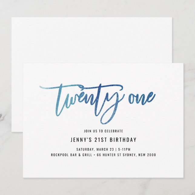 Minimalist Blue Foil 21st Birthday Invitation (Front/Back)