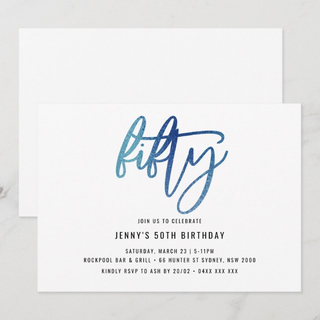 Minimalist Blue Foil 50th Birthday Invitation (Front/Back)