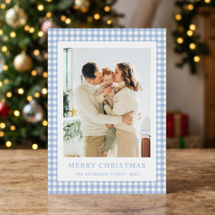 Minimalist Blue Gingham Christmas Photo Holiday Card