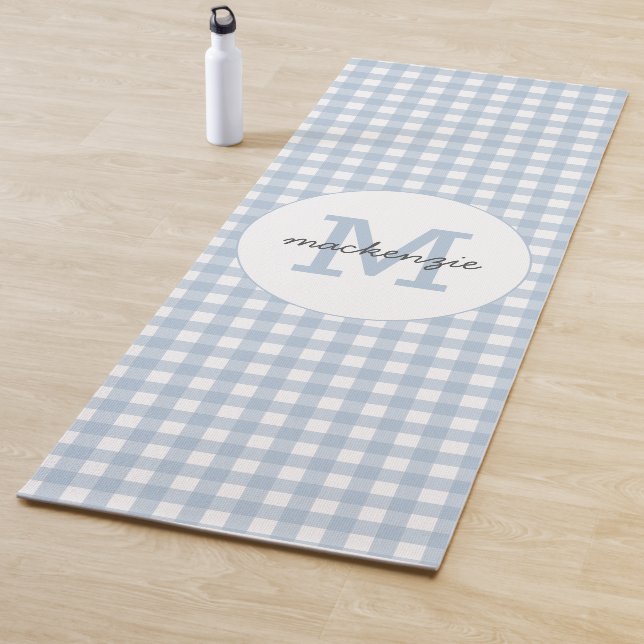 Minimalist Blue Gingham Plaid Pattern Personalised Yoga Mat (In Situ)