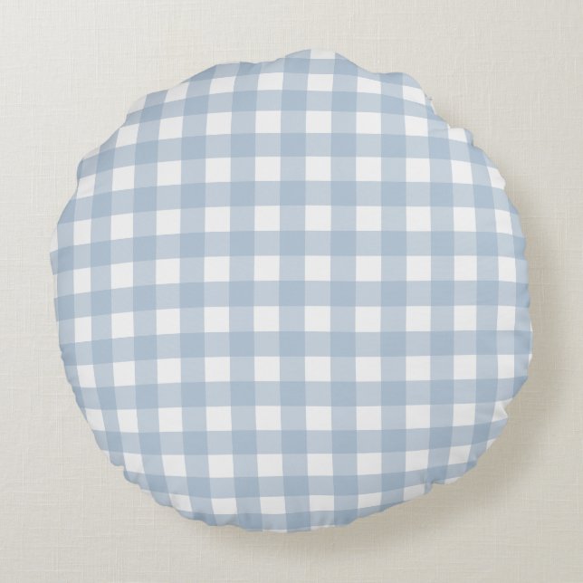 Minimalist Blue Gingham Plaid Pattern Round Cushion (Back)